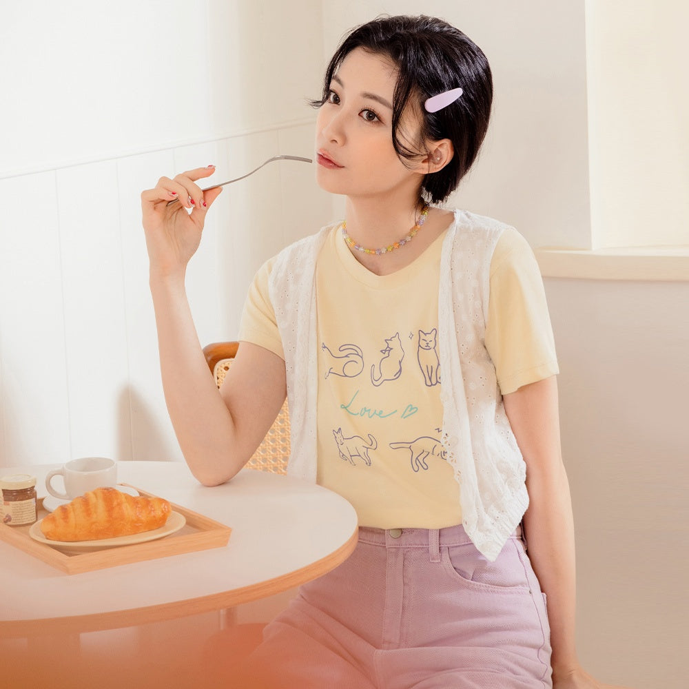 Casual Cat Print Cotton Short Sleeve T-Shirt Top