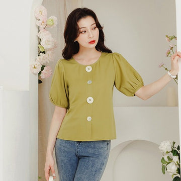 Casual Wrinkle Free Big Button Puff Sleeve Blouse Top