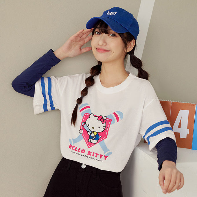 Casual Hello Kitty Baseball Stripe Cotton T-Shirt Top