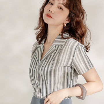 Casual Striped Cotton Lapel Collar Button Shirt Top