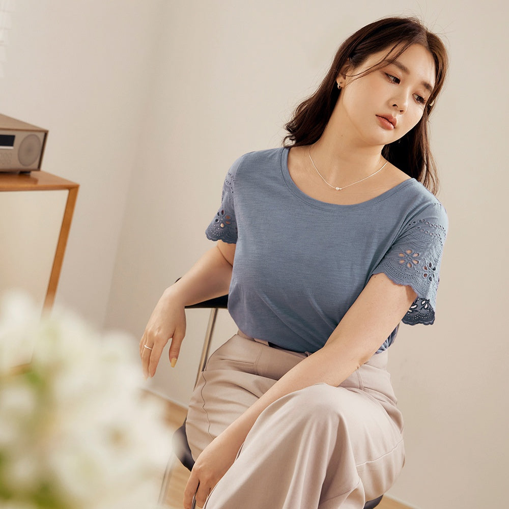 Basic Eyelet Cotton Short Sleeve T-Shirt Top