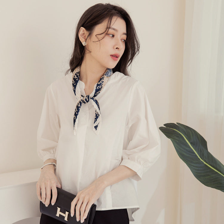 Work Open Collar Pleated Cotton Loose Blouse Shirt Top