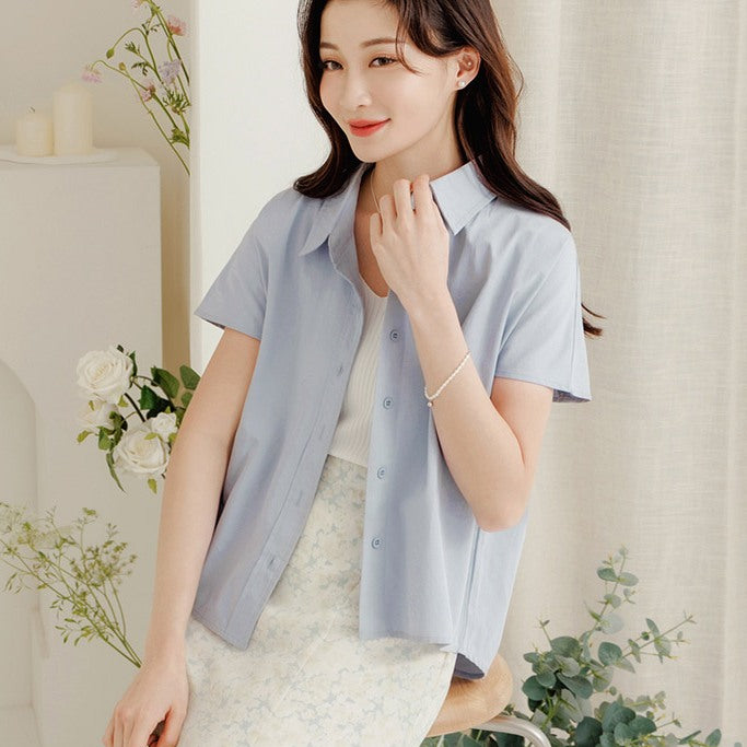 Casual Basic Solid Plain Cotton Button Short Sleeve Shirt Top