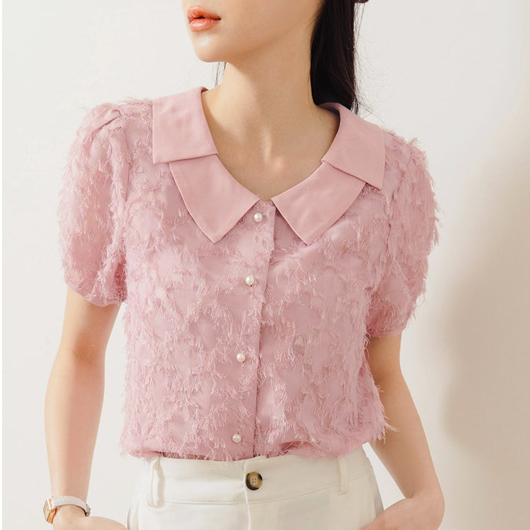 Pearl Button Collar Shirt Blouse Top