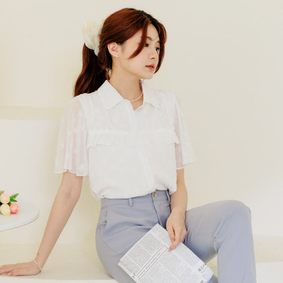 Casual Ruffle Star Chiffon Button Shirt Top