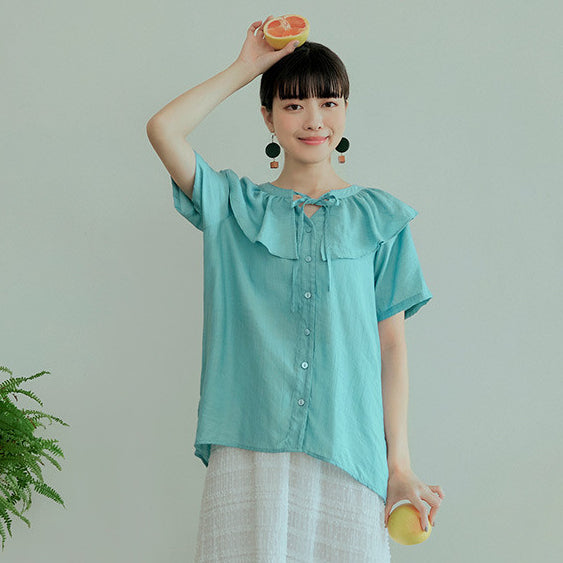 Ob Design Women Casual Ruffle Ribbon Button Long Loose Shirt Top Plus Size