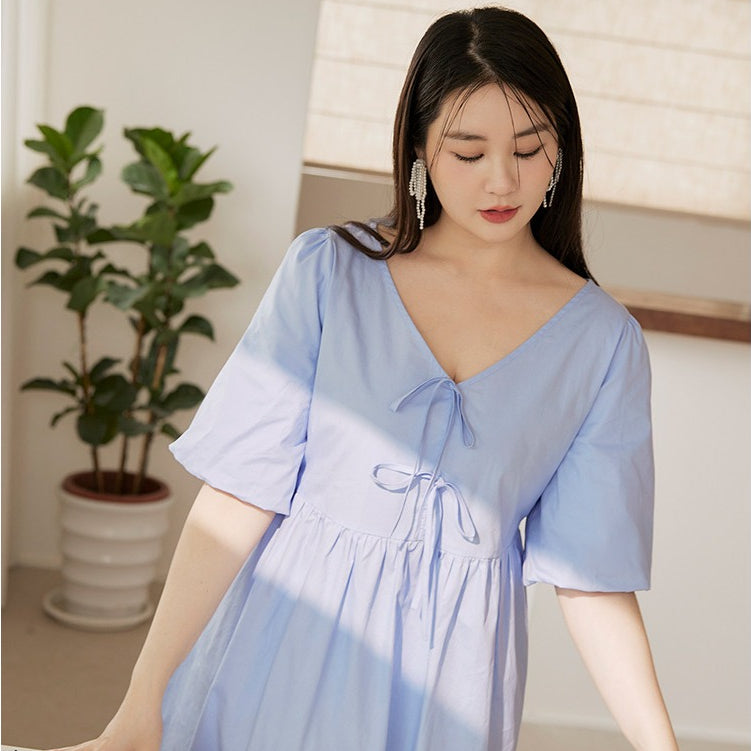 Cute V-Neck Ribbon Tie Cotton Babydoll Dress Top