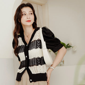 Casual Korean Striped Knit V-Neck Cardigan Sweater Top