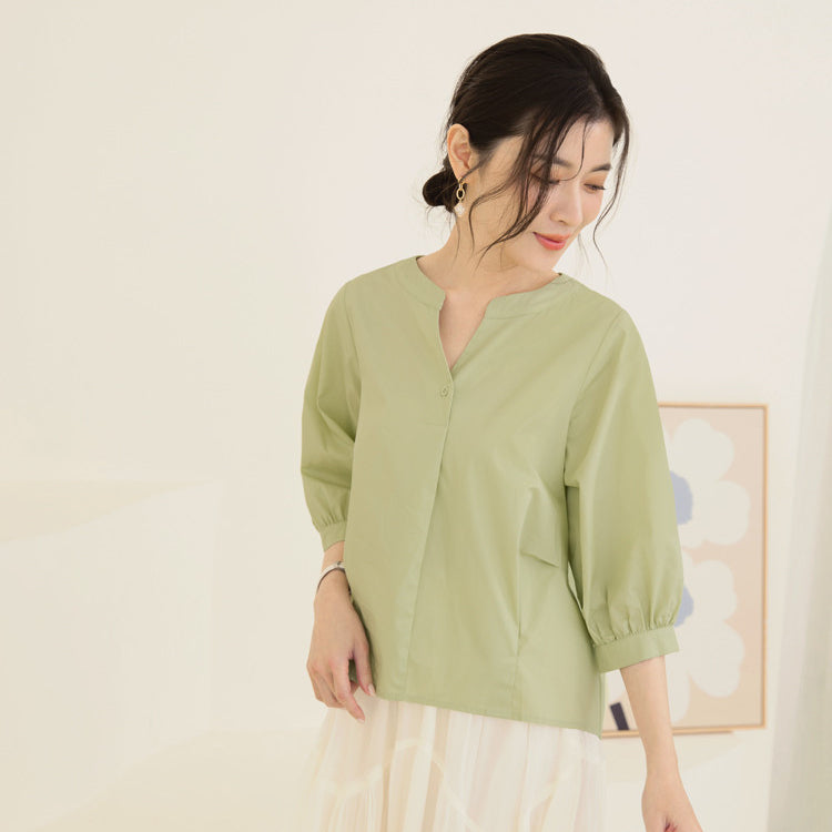 Work Open Collar Pleated Cotton Loose Blouse Shirt Top