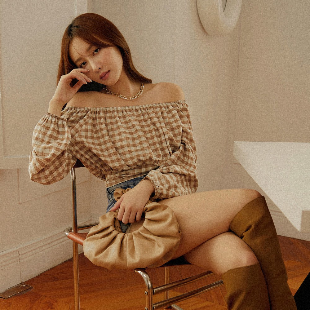 Two-Way Collar Cotton Plaid Waist Tie Long Sleeve Top