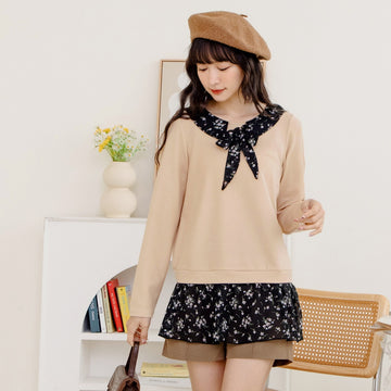 Korean Floral Chiffon  Long Knit Top AB14171