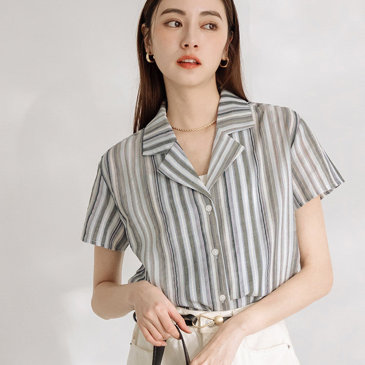 Casual Striped Cotton Lapel Collar Button Shirt Top