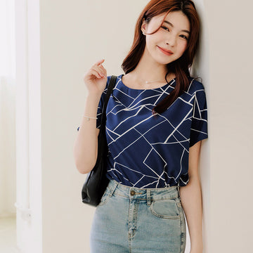 Work Abstract Print Short Sleeve Blouse Top