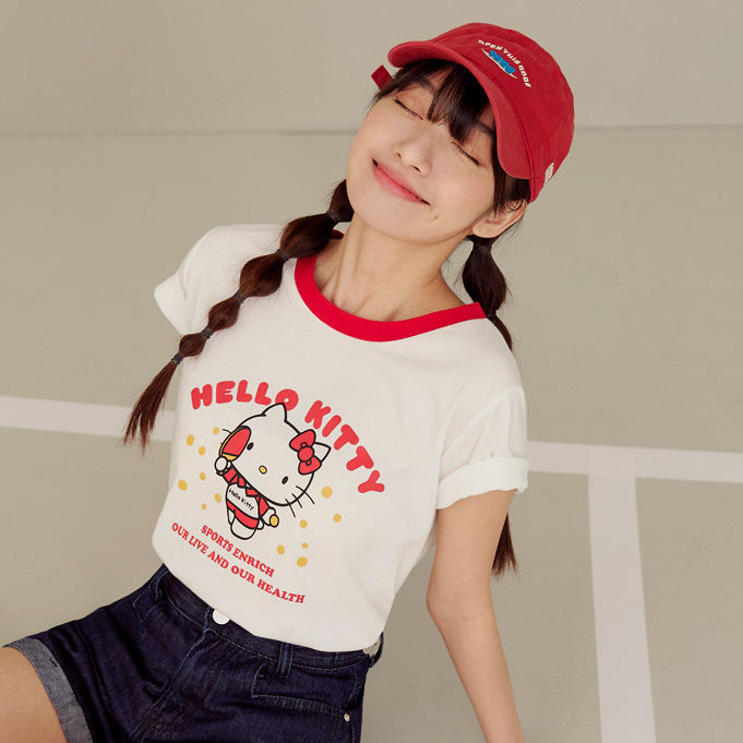 Casual Hello Kitty Ping Pong Print Cotton T-Shirt Top