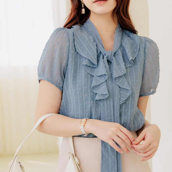 Ruffle Chiffon Tie Neck Short Sleeve Blouse Shirt Top