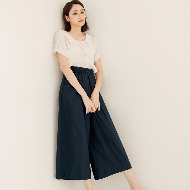 Basic Cotton Elastic Waist Wide Leg Culottes Pants