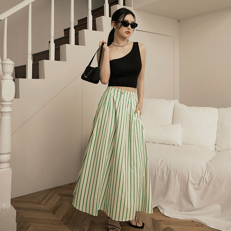 Casual Retro Long Striped A-Line Cotton Maxi Skirt