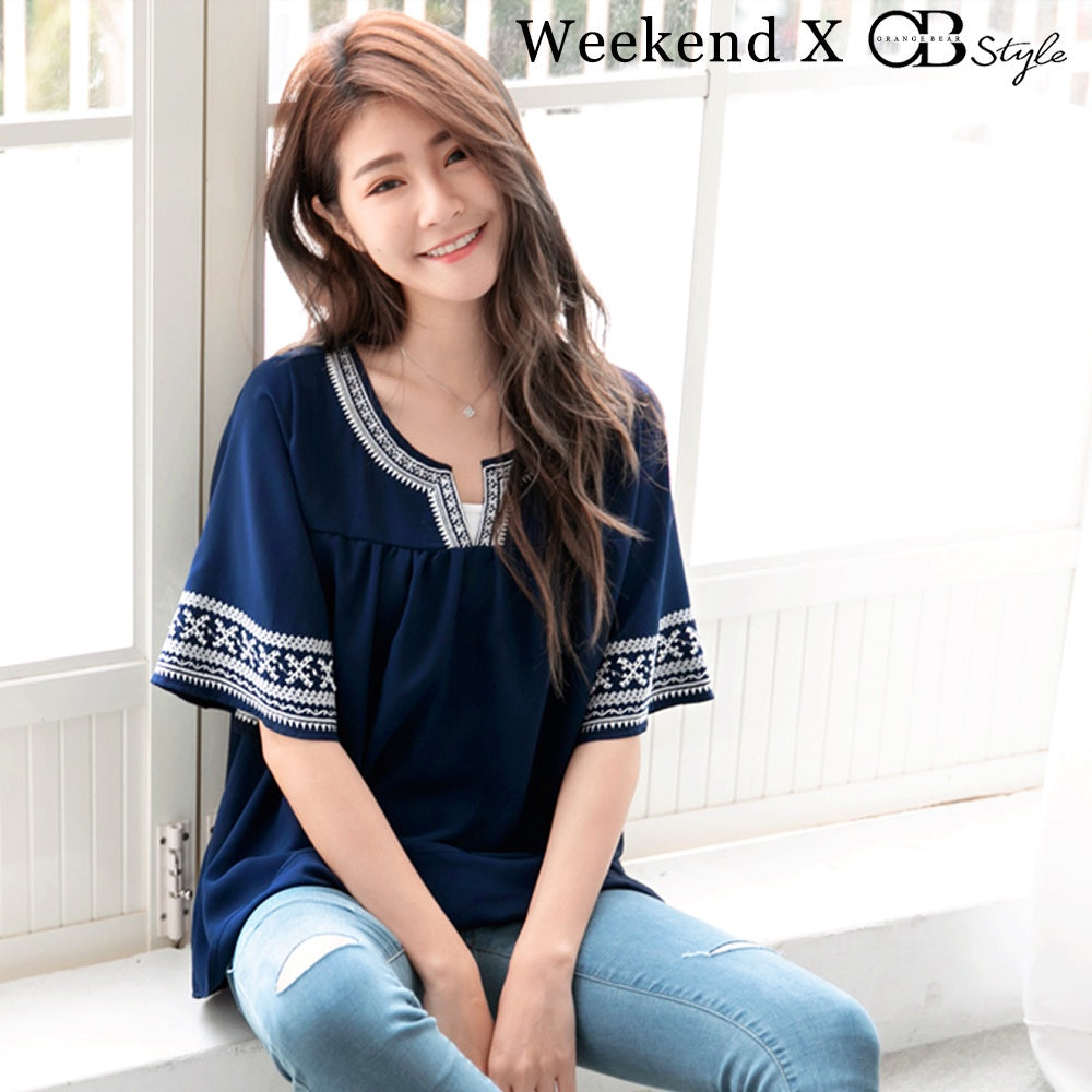 (SG STOCK) WEEKEND X OB DESIGN CASUAL WOMEN CLOTHES EMBROIDERED SHORT SLEEVE MUSLIM BLOUSE SHIRT TOPS S-XXXL PLUS SIZE