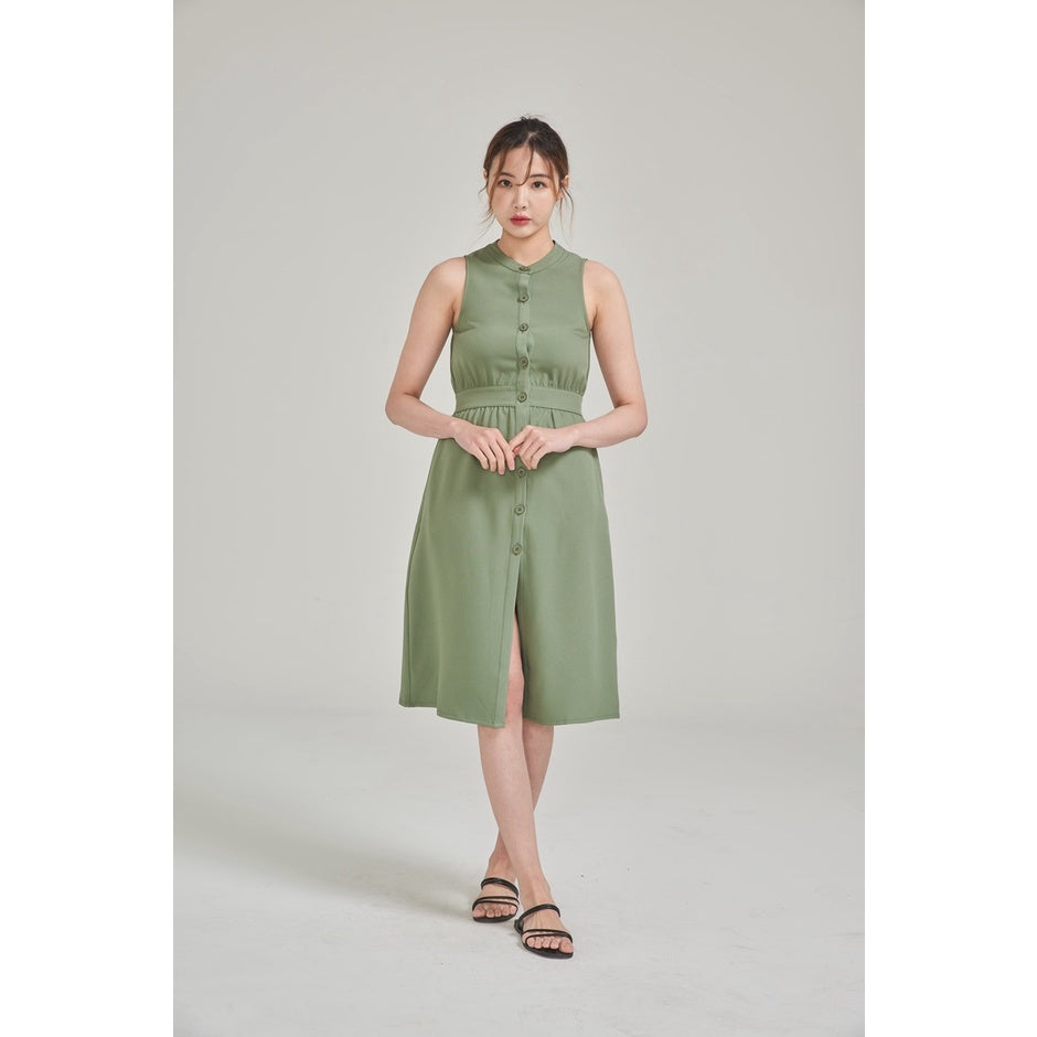 (SG STOCK) IN THE MOOD CASUAL WORK WOMEN CLOTHES SLEEVELESS BUTTONED PLAIN MIDI DRESS S-XL SIZE