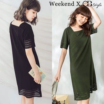 WEEKEND X OB DESIGN SHORT SLEEVE EYELET LACE MIDI DRESS