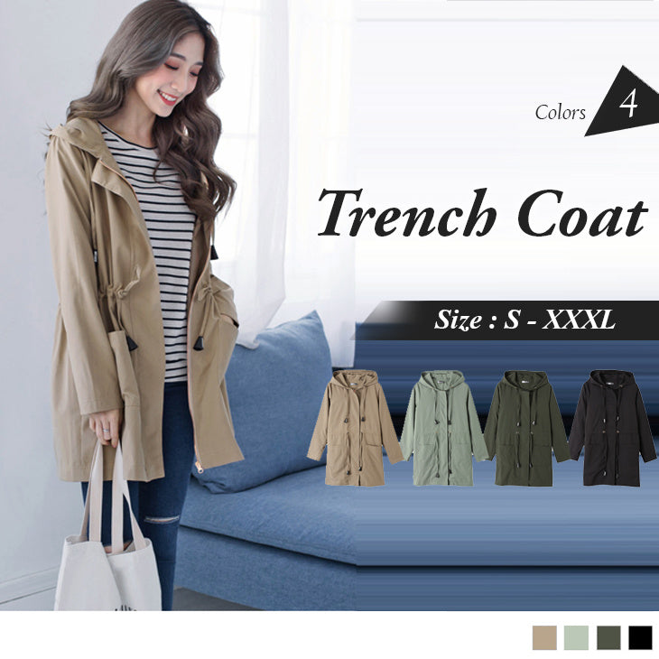 (TW STOCK) OB STYLE | DRAWSTRING WAIST HOODED TRENCH COAT | 4 COLORS | S-XXXXL SIZE |