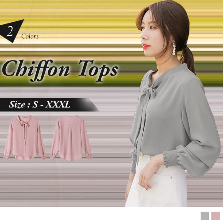 LONG SLEEVE BOW NECK CHIFFON TOPS