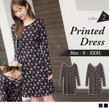 LONG SLEEVE WIDE COLLAR CROSS PRINTED DRESS