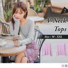 (TW STOCK) OB STYLE | LONG SLEEVE V-NECK KNIT EMBROIDERED TOPS | 2 COLORS |