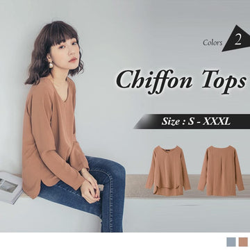 LONG SLEEVE DIP HEM V-NECK CHIFFON TOPS