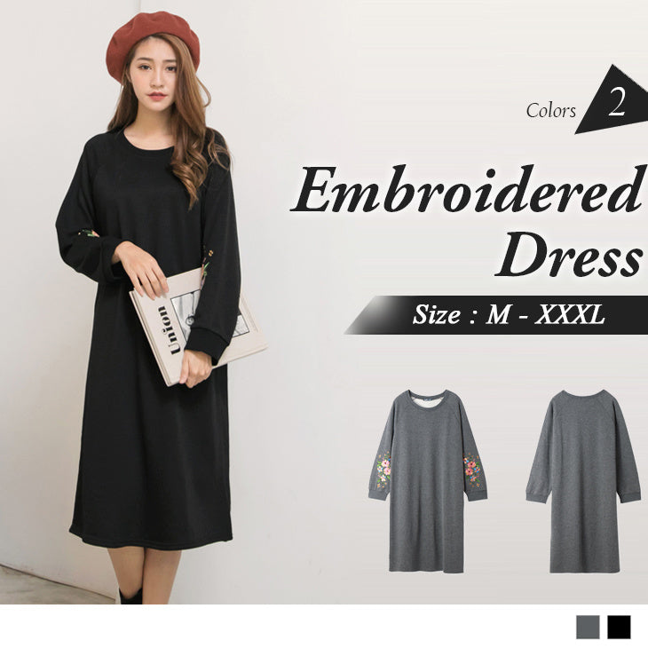 (TW STOCK) OB STYLE | LONG SLEEVE EMBROIDERED DRESS | 2 COLORS | S-XXXL SIZE |