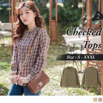 LONG SLEEVE RUFFLE CHECKED TOPS