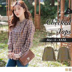 (TW STOCK) OB STYLE | LONG SLEEVE RUFFLE CHECKED TOPS | 2 COLORS | S-XXXL SIZE ??