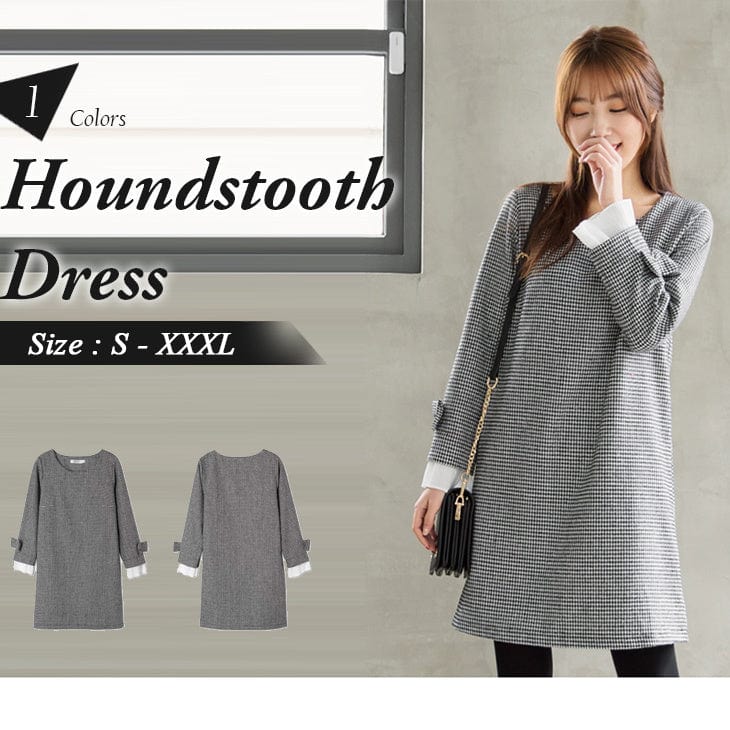 PLEATED BOW SLEEVE HOUNDSTOOTH DRESS