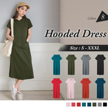 SHORT SLEEVE POCKET HOODED DRESS