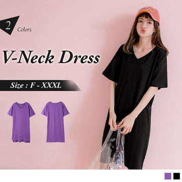 SHORT SLEEVE V-NECK LOOSE FITS DRESS