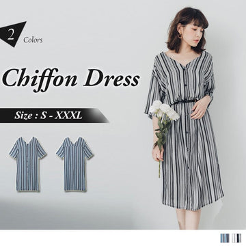 V-NECK STRIPED CHIFFON DRESS