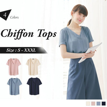 SHORT SLEEVE V-NECK CHIFFON TOPS