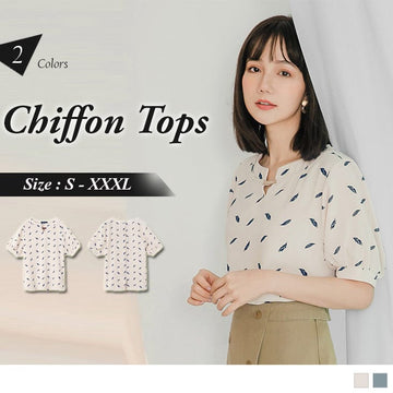 SHORT SLEEVE LEAF CHIFFON TOPS