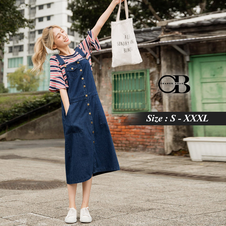 (TW STOCK) OB STYLE | DENIM POCKETED DUNGAREE DRESS | 1 COLORS | S-XXXL SIZE | PLUS SI
