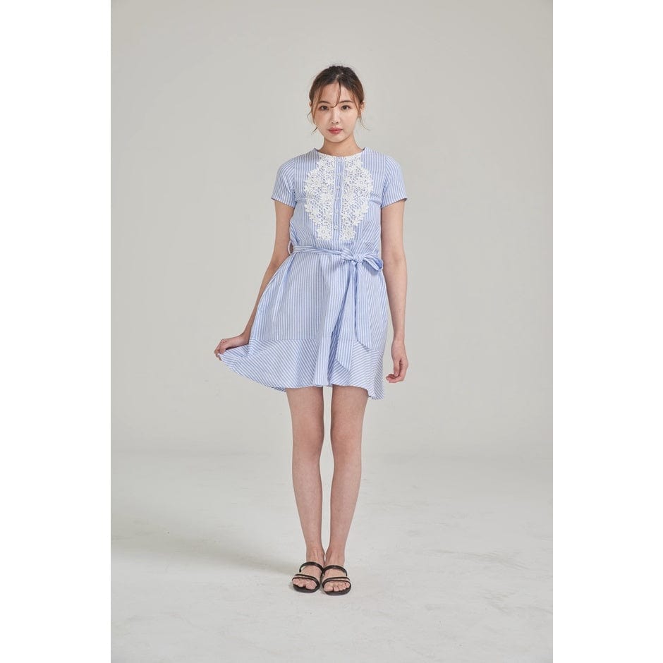 COTTON STRIPE BUTTON BELT MIDI DRESS