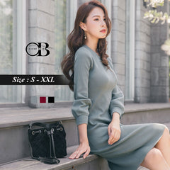 (TW STOCK) OB STYLE | PUFF SLEEVE RIBBED KNITS DRESS | 3 COLORS | S-XXXL SIZE | PLUS S