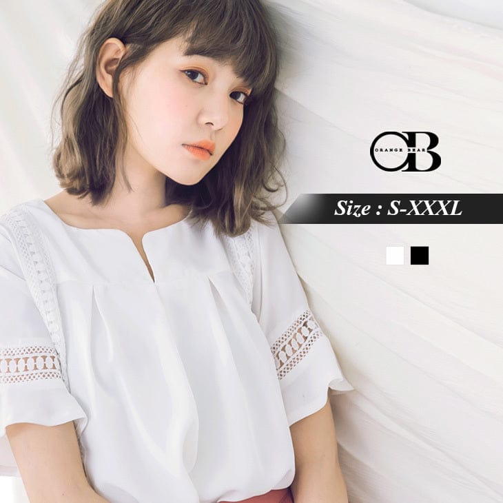 V NECK LACE RUFFLE SLEEVE TOPS