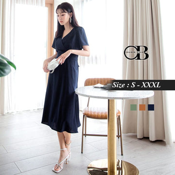 V NECK WAIST ELASTIC LONG DRESS