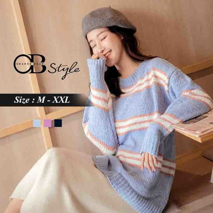 (TW STOCK) OB STYLE | ROUND NECK STRIPED KNIT SWEATER | 3 COLORS | M-XXL SIZE | PLUS S