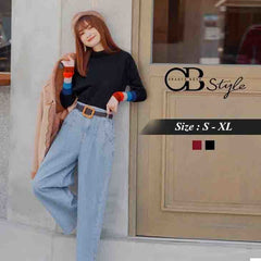 (TW STOCK) OB STYLE | HIGH NECK KNIT MIX COLOR SLEEVE TOP | 2 COLORS | S-XL SIZE | PLU