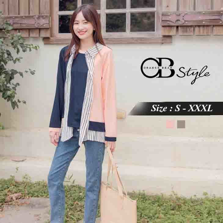 (TW STOCK) OB STYLE | STRIPED PATCHING LONG SLEEVE TOP | 2 COLORS | S-XXXL SIZE | PLUS