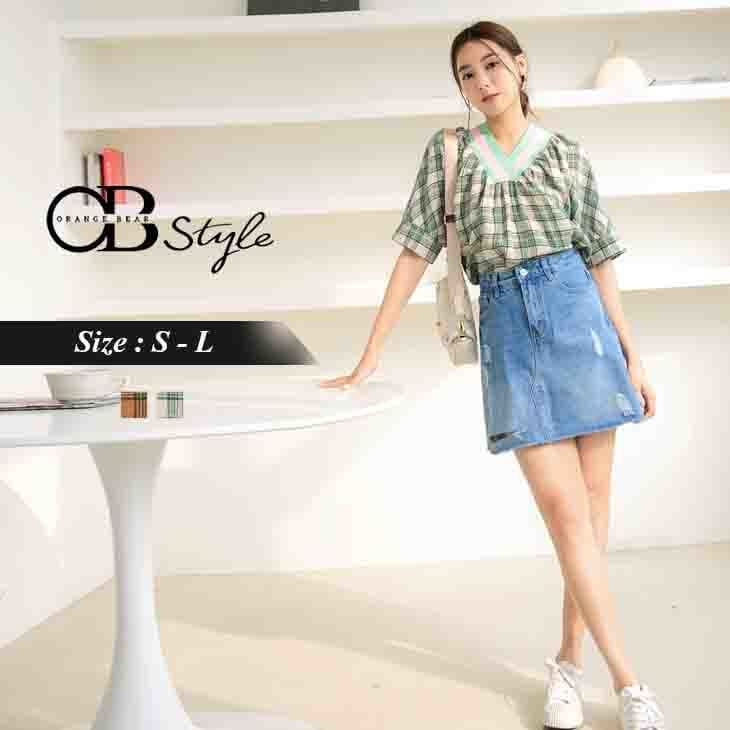 V-NECK CHECKER SHORT SLEEVE TOPS