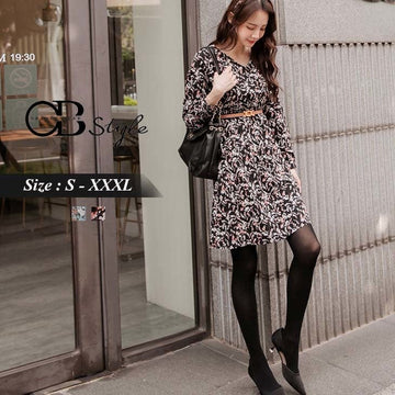 FLORAL PRINTED V-NECK ELASTIC WAIST LONG SLEEVE DRESS