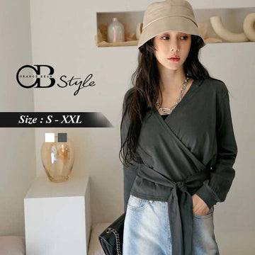 COTTON CROP V-NECK BELT WAIST LONG SLEEVE TOPS