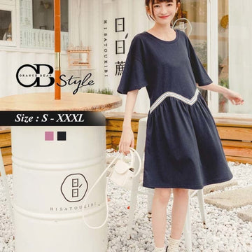 COTTON FLARE SLEEVE PATCHED ROUND NECK DRESS